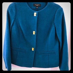 Talbots Teal collarless gold button jacket
